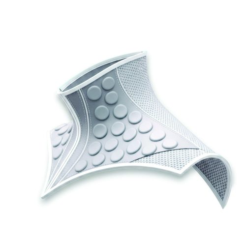 visually clean rendering of a neck piece, side view, settled blue tones, light blue accents, white background, texture like the images